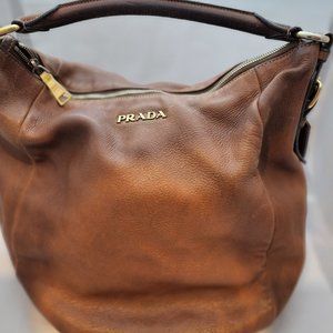 Prada - Cervo Shine Brown Leather Hobo Bag - Used